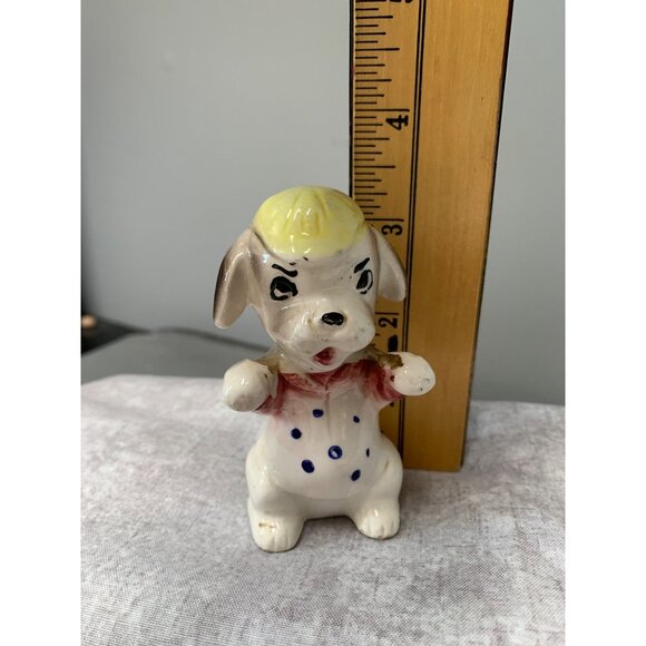 Vintage Hand-Painted Porcelain Dog Figurine Yellow Hat Polka Dot Japan - Picture 6 of 8